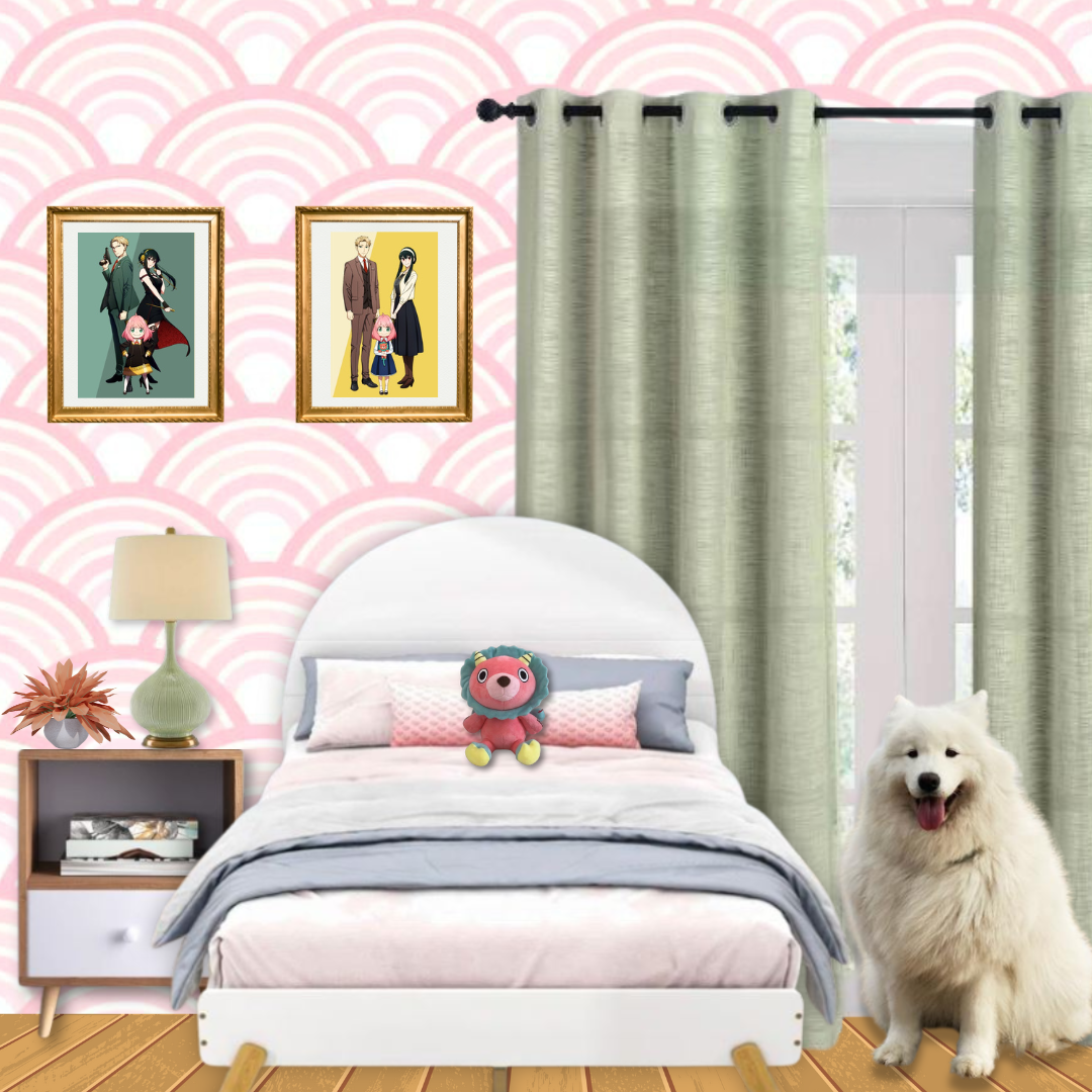 A bedroom with pink and white patterned wall, green curtains, a white bed with a plush pink toy on the pillows, a bedside table with lamp and decor, framed anime posters on wall, and a fluffy white dog sitting on the hardwood floor.