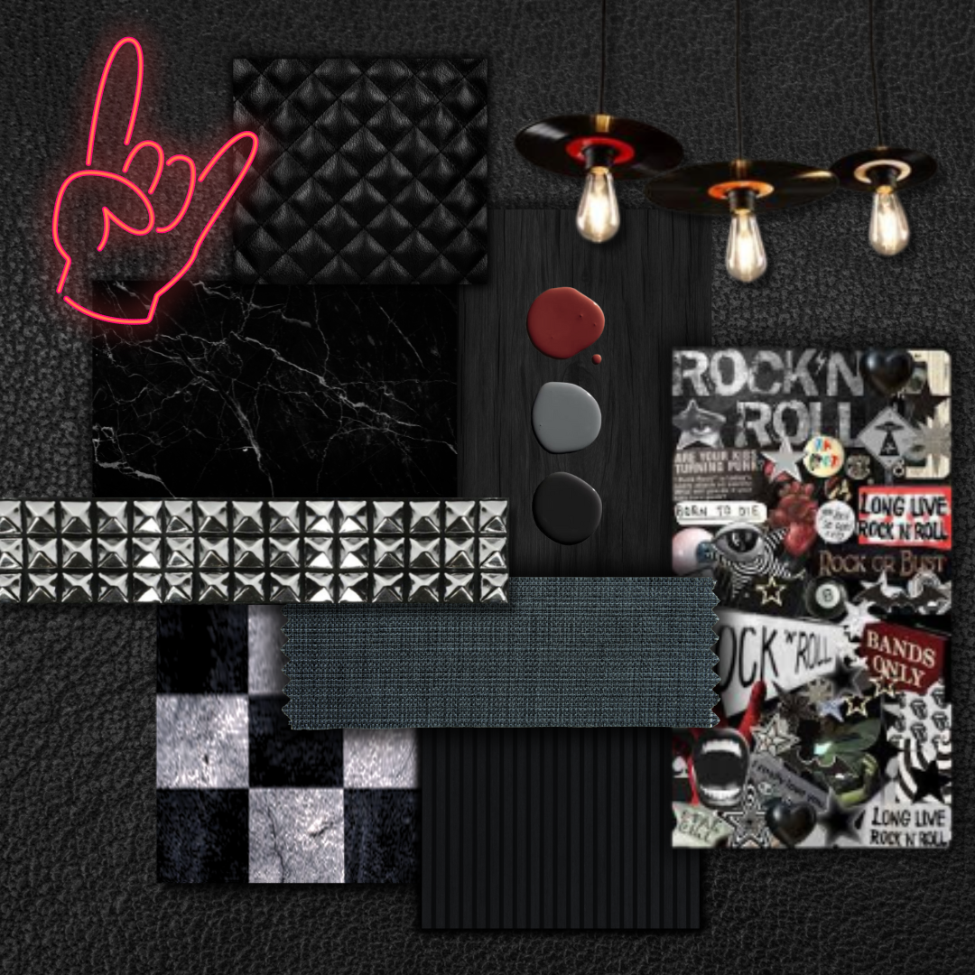 A collage of rock and roll themed items including a neon hand making the rock sign, three paint blobs (red, gray, black), a sticker sheet with rock and roll phrases, textures like black marble, silver pyramids, and denim, and a black textured backgro