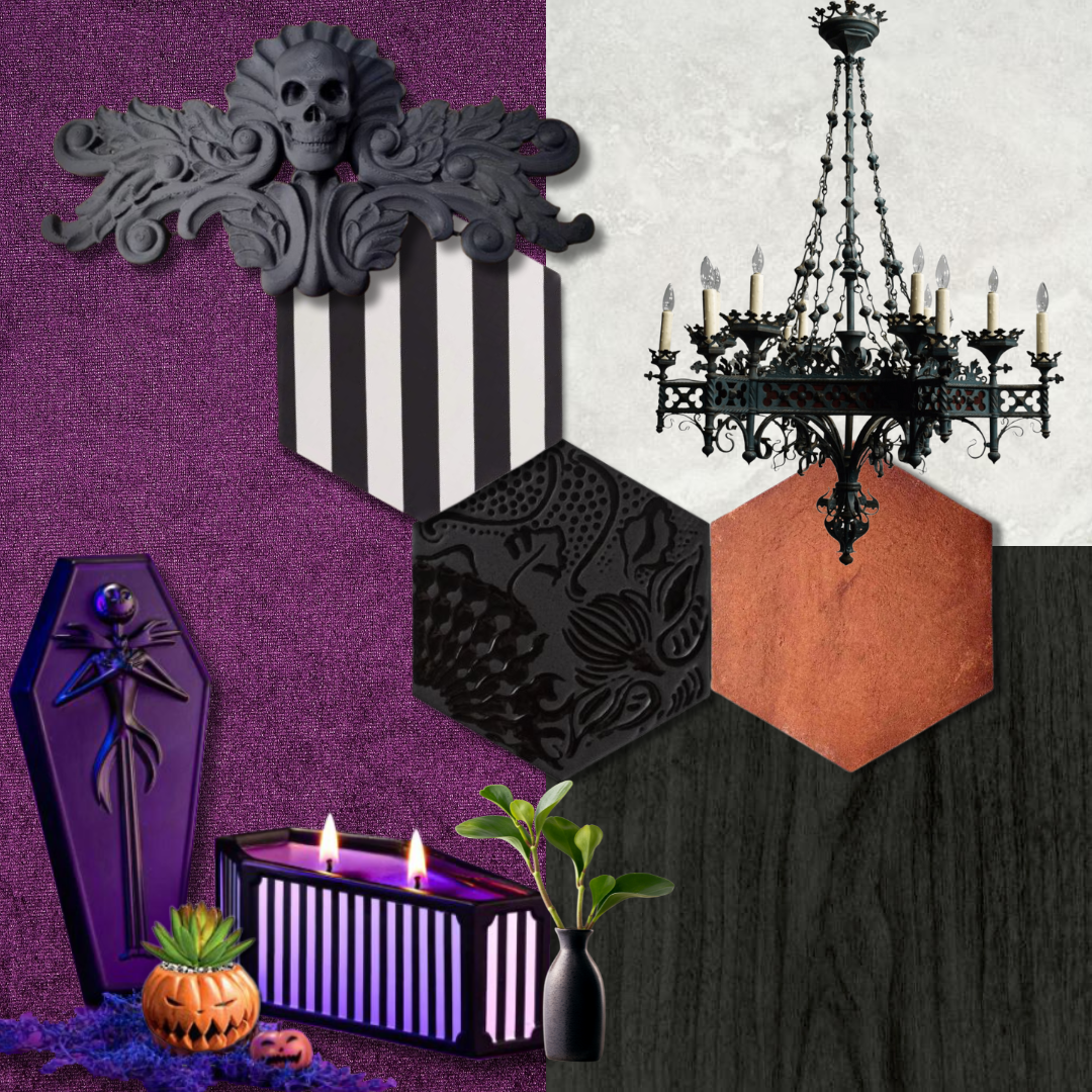 A collage of Halloween-themed decorations including a gray skull and cloud-shaped design, a black and white striped shield, a black carved box with a dragon and flower design, a black chandelier with candles, a purple coffin-shaped box with a skeleto