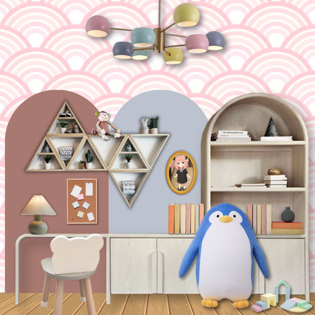 A colorful, pastel-themed children's room with triangle-patterned wallpaper, a multicolored chandelier, and various toys and decor, including a plush penguin, house-shaped shelves, and a desk.