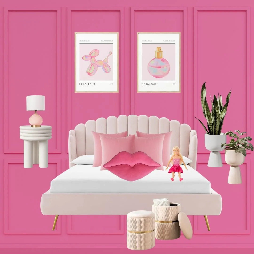 A bedroom with pink walls, white bed, pink lip-shaped pillows, green plants in white pots, framed artworks, a pink and white color scheme, and a mini doll on the bed.
