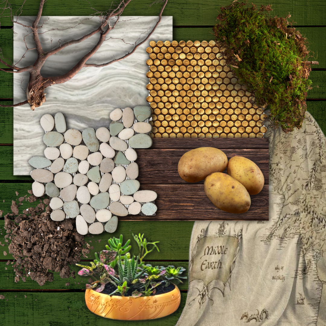 A flat lay of gardening and Earth elements on a green wooden surface, including a root, a marble tile, slate stones, a wood slab with potatoes, a moss ball, a pile of soil, a potted succulent, a mosaic of bamboo sticks, and a vintage map labeled 'Mid