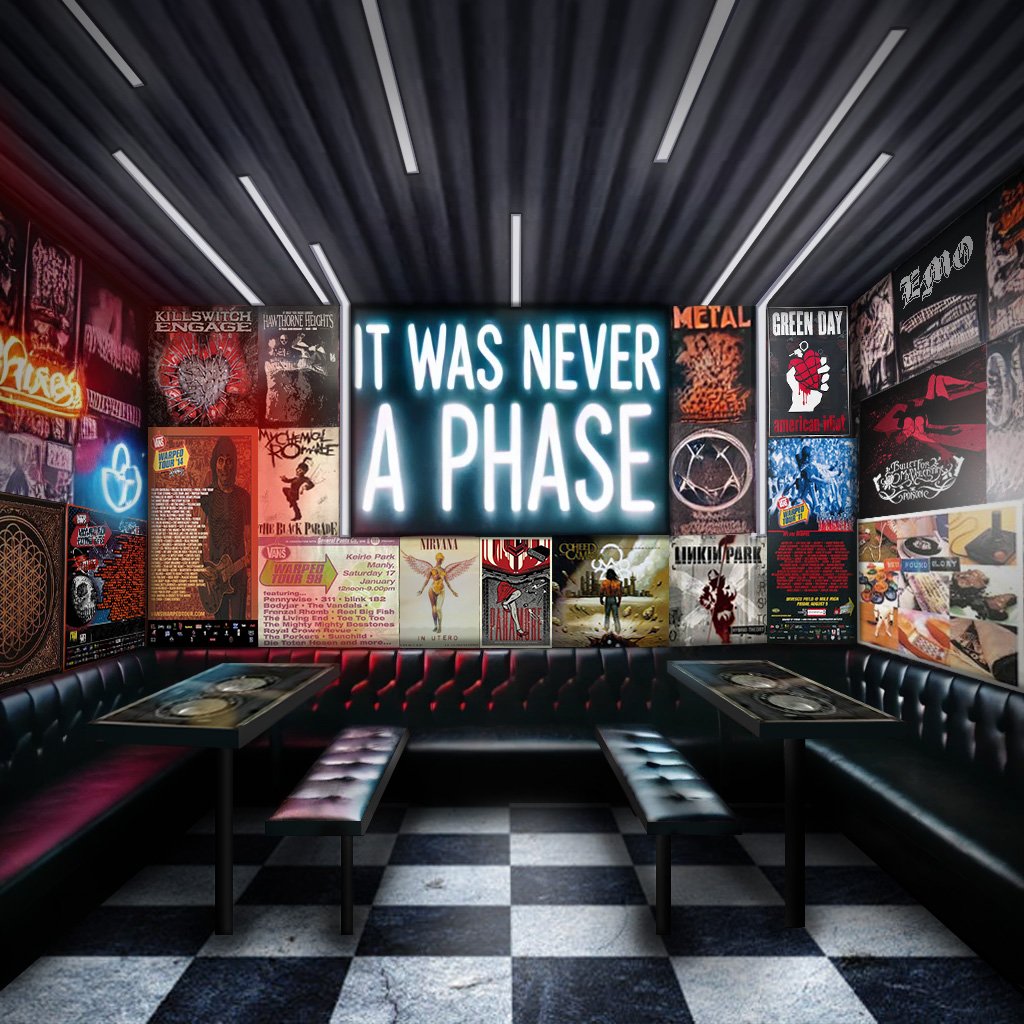 Dark music lounge with neon sign reading "It Was Never A Phase" and walls decorated with various rock band posters, black and white checkered floor, black leather seating, and a turntable on the table.