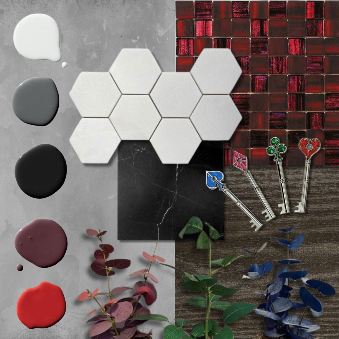 A flat lay of various design materials, including paint swatches, tiles, decorative keys, and plant cuttings with leaves, arranged on a multi-textured background.