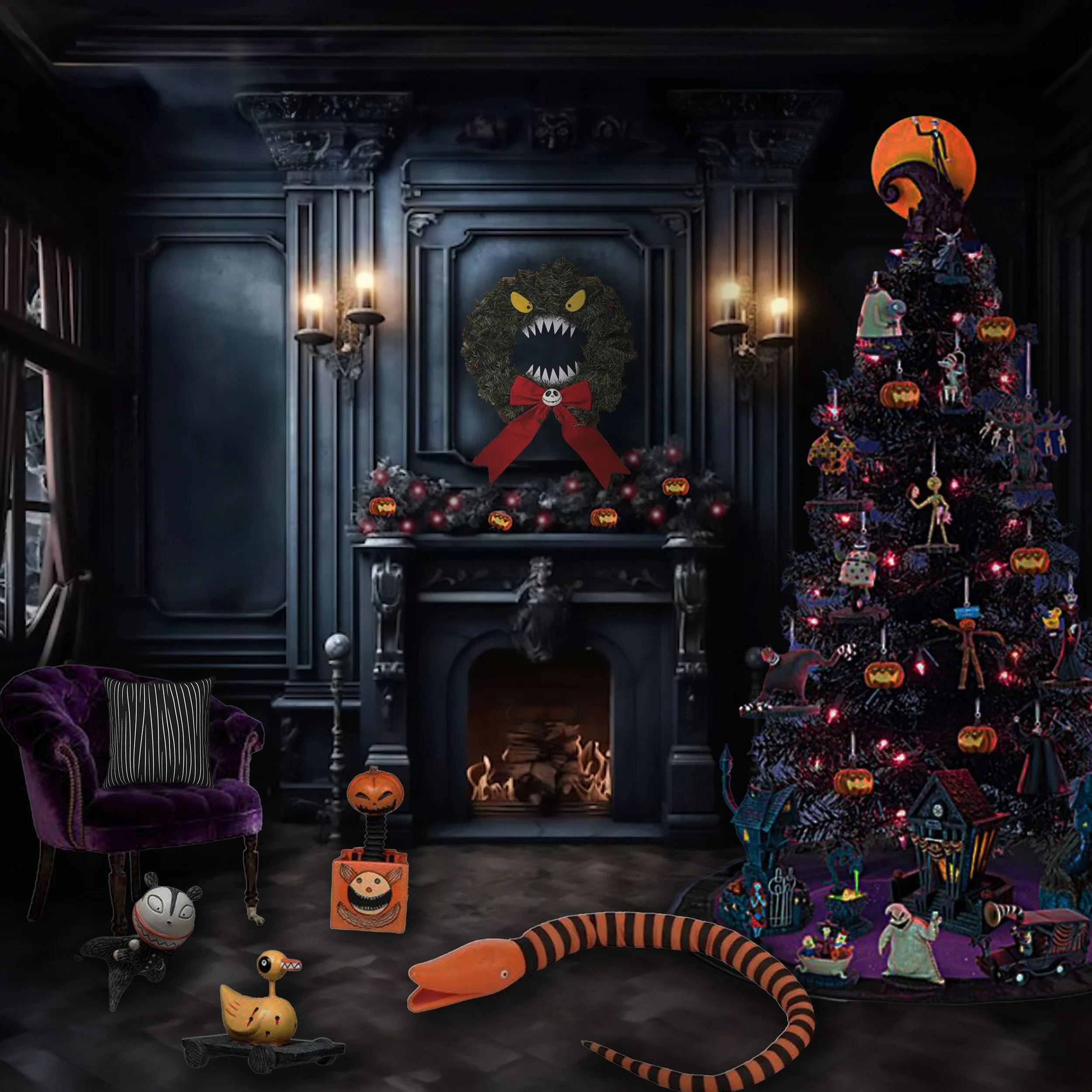 A dark, Halloween-themed living room with a decorated Christmas tree, a black fireplace with a wreath above it, Halloween decorations including pumpkins, toys, and a large snake plush on the floor, purple armchair, and eerie lighting.