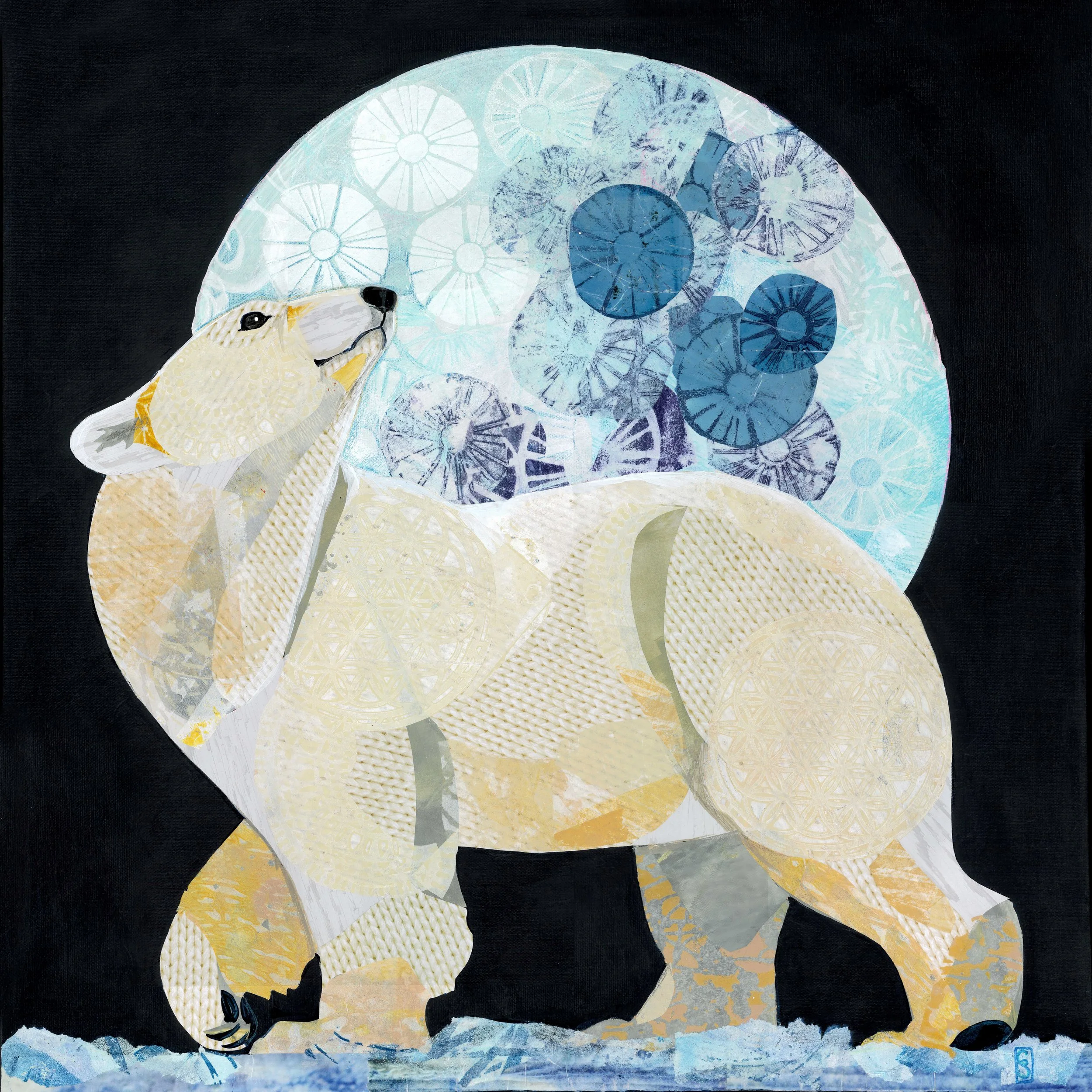 An artistic illustration of a dog with a patterned body in shades of blue, yellow, and white, set against a black background.