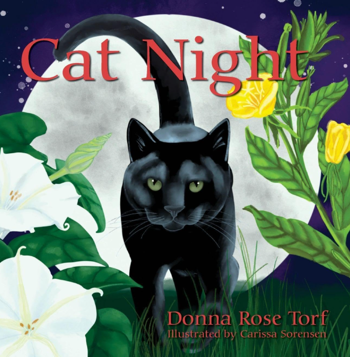 Book cover titled 'Cat Night' with a black cat, white lilies, and yellow flowers under a full moon in a night scene.