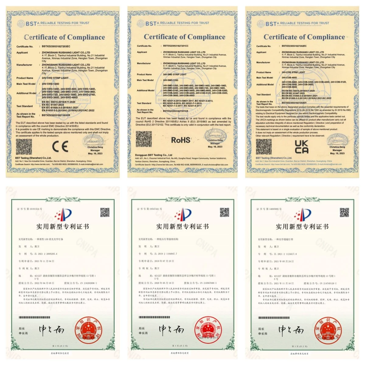 CE RoHS and patent certificates for RaShine LED strip products