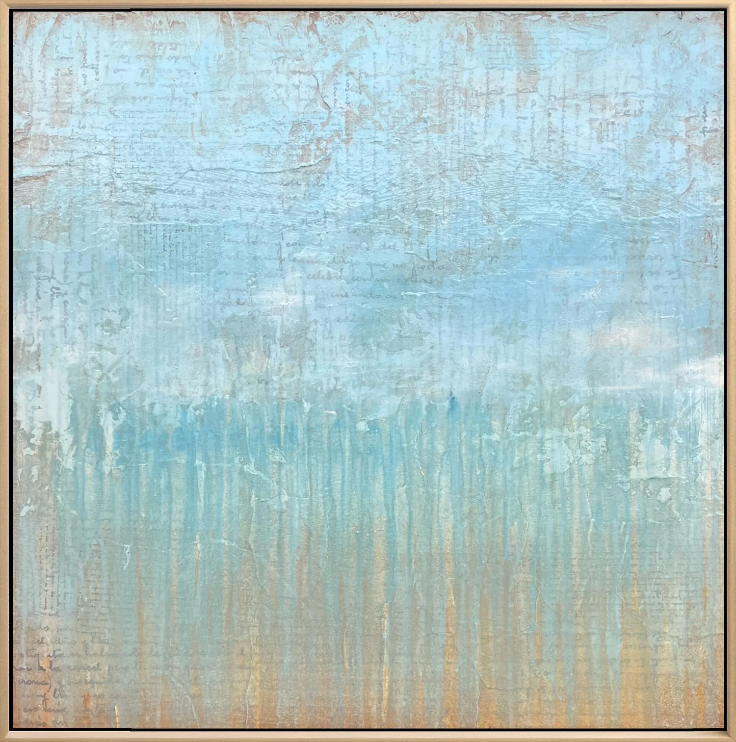 A textured painting with soft blue, beige, and white hues, featuring faint handwritten script and vertical brushstrokes for an abstract, weathered look.