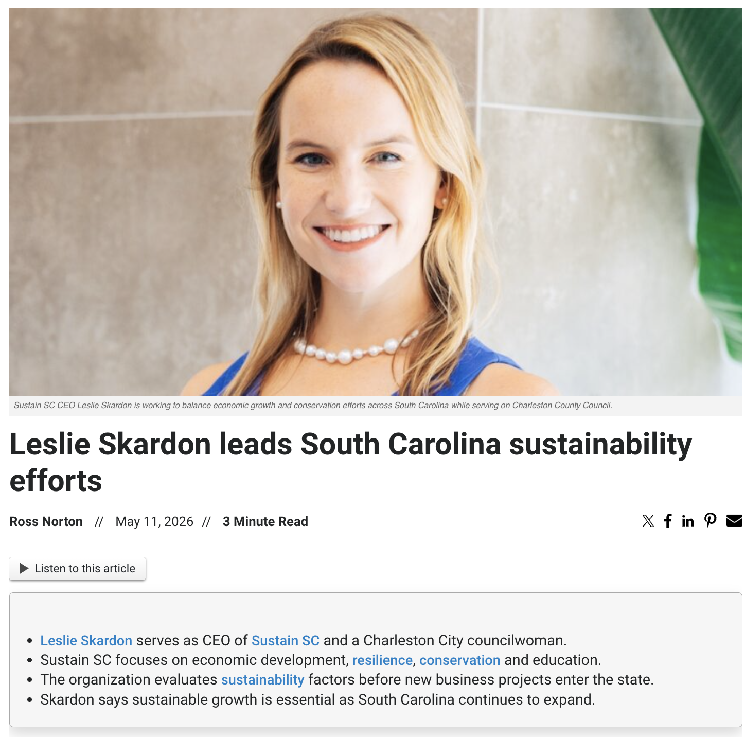Leslie Skardon Leads South Carolina Sustainability Efforts