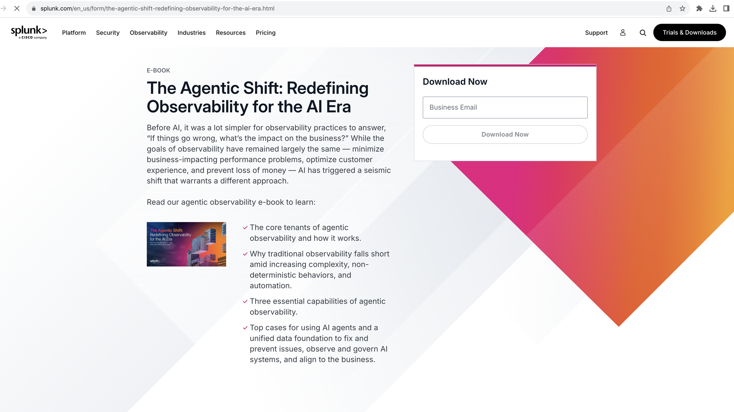 Splunk Landing Page design for The Agentic Shift e-book