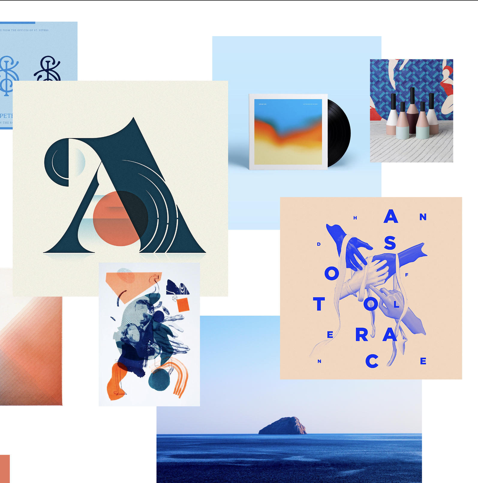 A collage of various digital artwork and abstract designs including geometric shapes, a record album with a colorful gradient cover, bottles of nail polish, a blue and beige abstract design with human hands and text, and a landscape image of the ocean with a small island on the horizon.