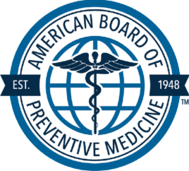 Logo of the American Board of Preventive Medicine, featuring a caduceus symbol within a globe, with text "American Board of Preventive Medicine" and "Est. 1948" around it.