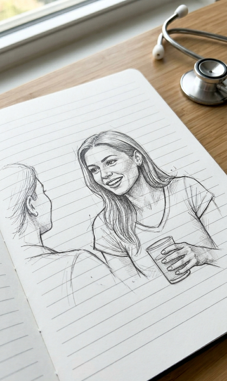 A sketch of two women talking, one holding a drink, on lined notebook paper. A stethoscope and a window are in the background.