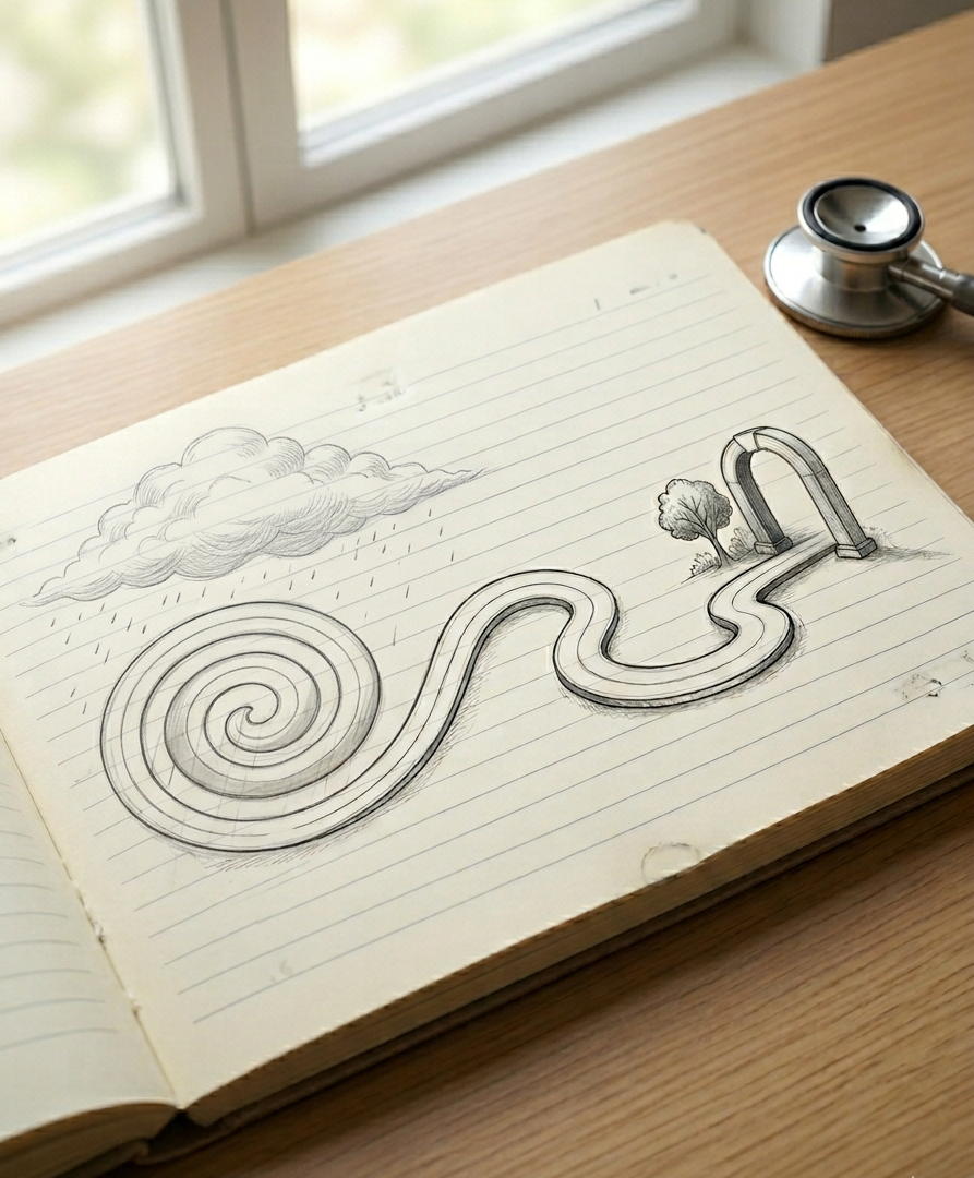 Sketch of a pathway leading away from a feedback loop, toward stability.  The sketch is in a notebook on a desk with a stethoscope partially in-frame, near a window.