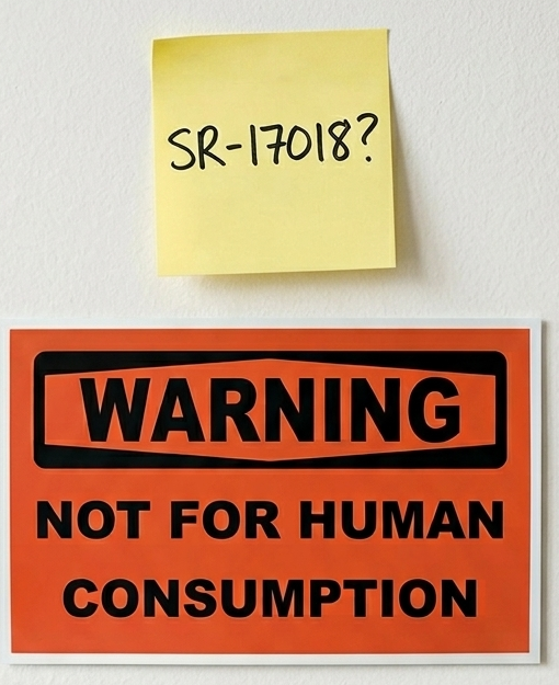 Note on a bulletin board reads "SR-17018?" just above a warning sign reading "WARNING - Not for human consumption"