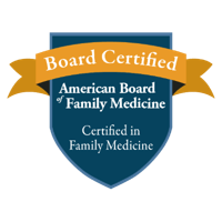 Board Certified American Board of Family Medicine emblem with blue shield and orange banner