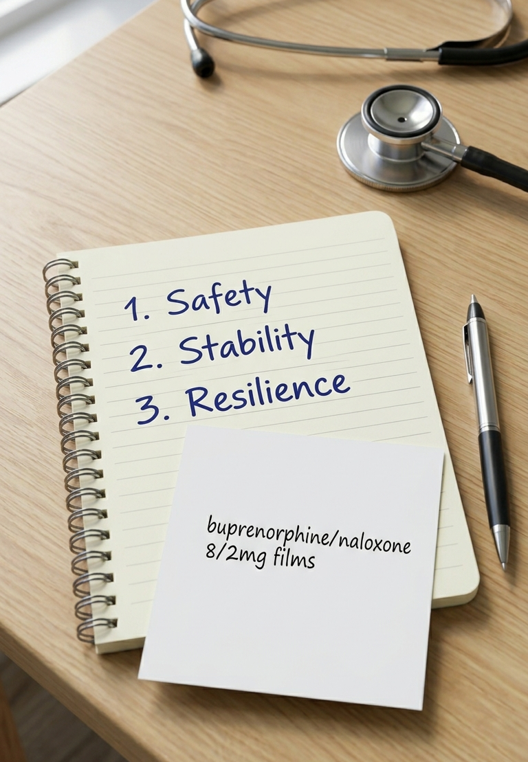 A notebook on a wooden table with handwritten notes listing three priorities: Safety, Stability, Resilience. A pen is placed beside the notebook. There is a stethoscope in the background. There is also a note stating 'buprenorphine/naloxone 8/2mg films'.