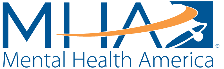 Logo of Mental Health America featuring the words MHA and a stylized orange swoosh over a blue background.