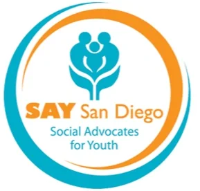Logo for SAY San Diego with text 'Social Advocates for Youth' and a graphic of two stylized human figures inside a circle.