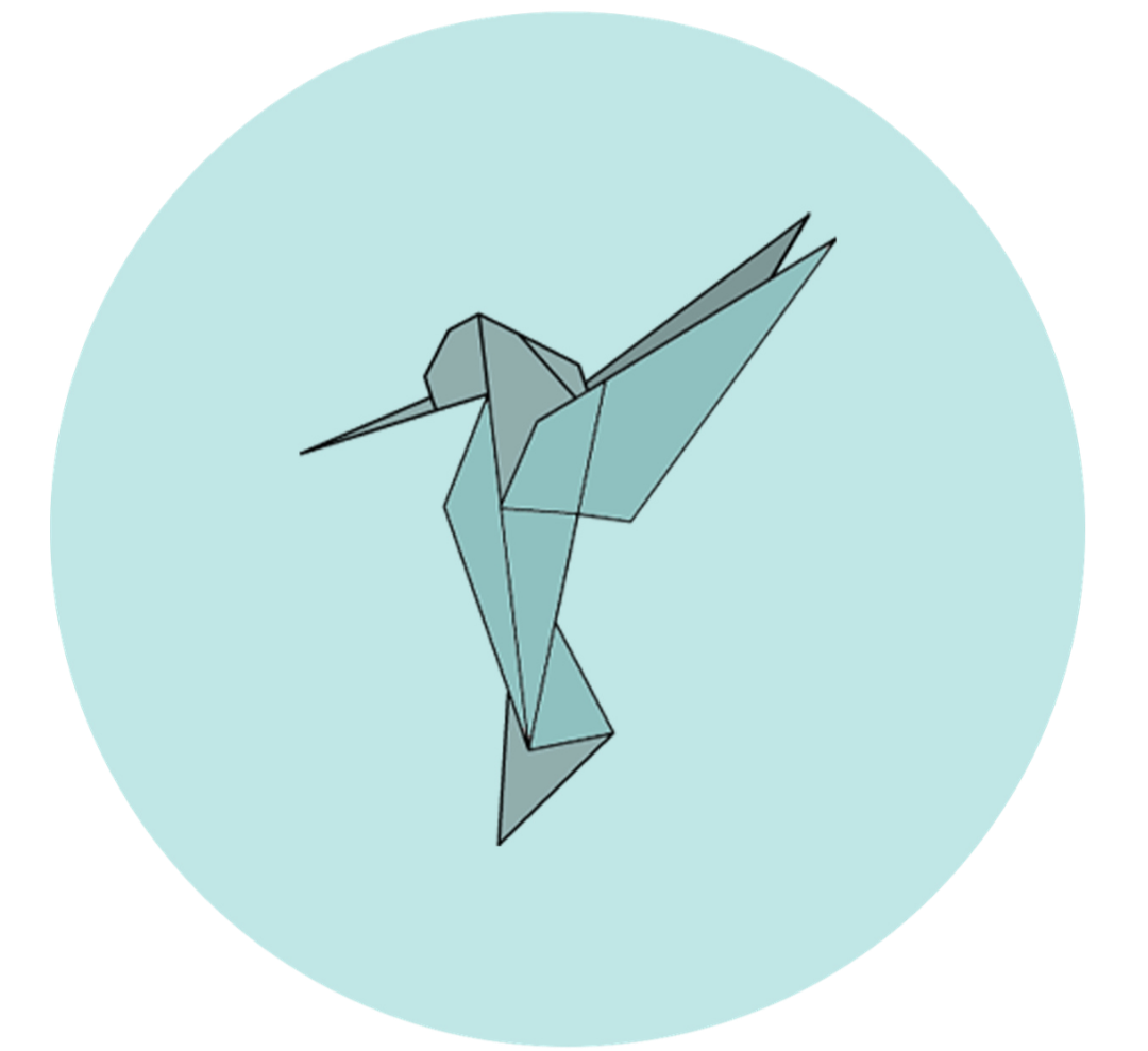 Minimalist illustration of a folded paper origami hummingbird with outstretched wings, set against a light blue circular background.