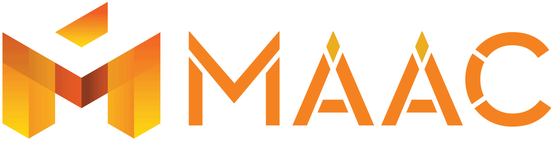 Colorful geometric logo with the text "MAAC" in orange, featuring a stylized, multi-layered letter M