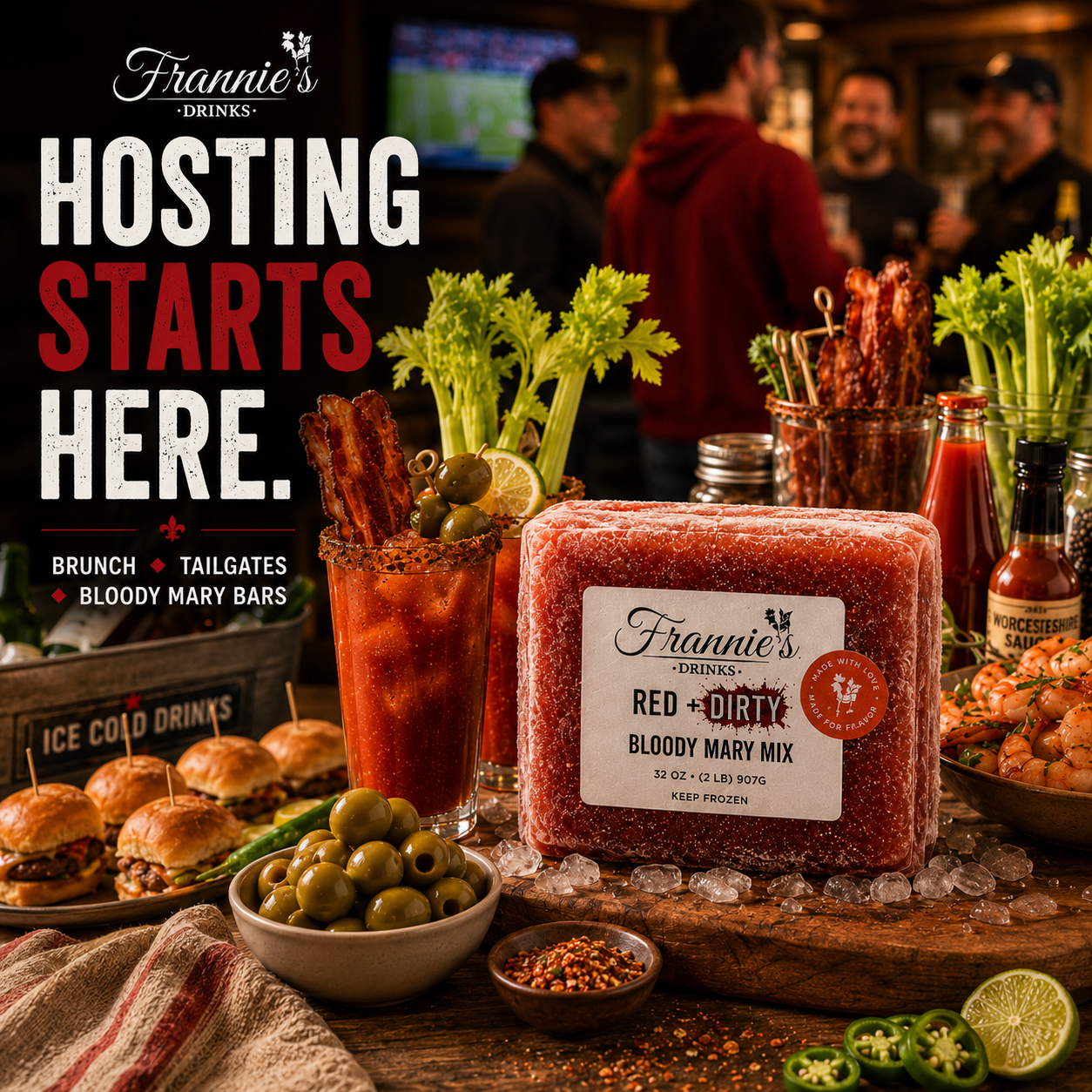 Frannie’s Drinks Red & Dirty frozen Bloody Mary brick for game day hosting and brunch spreads.