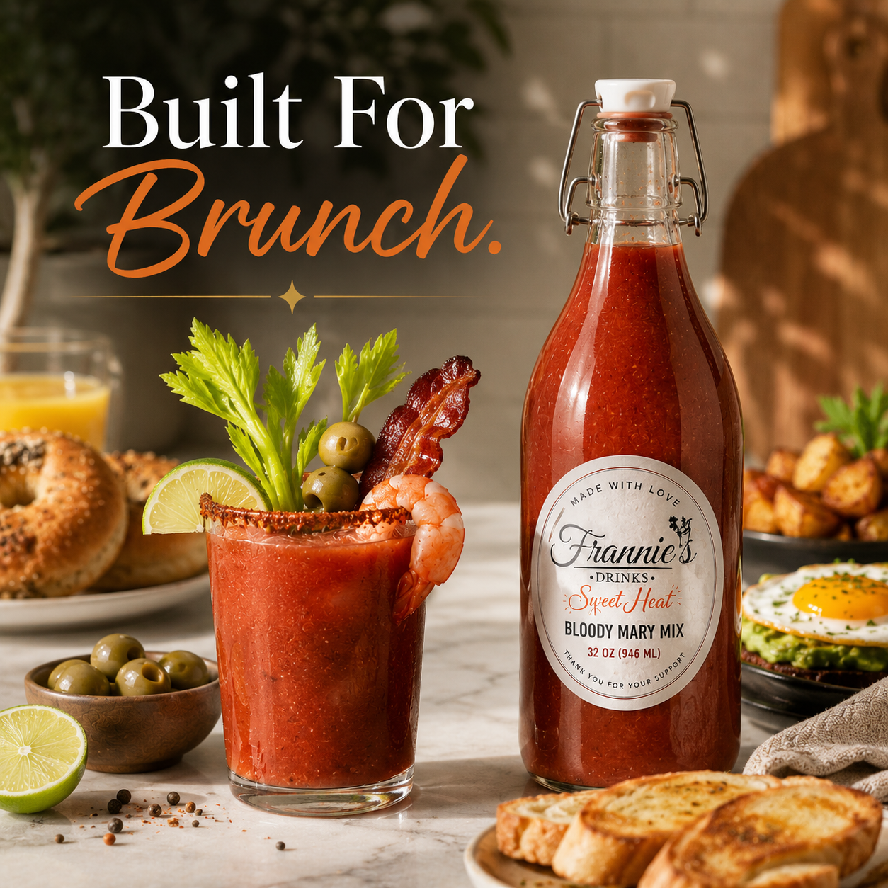 Frannie’s Drinks brunch inspired Bloody Mary mix lifestyle image featuring Sweet Heat and Red & Dirty Bloody Mary mixes with handcrafted cocktails, fresh celery, olives, spices, and brunch food styling. Small batch Bloody Mary products crafted for co