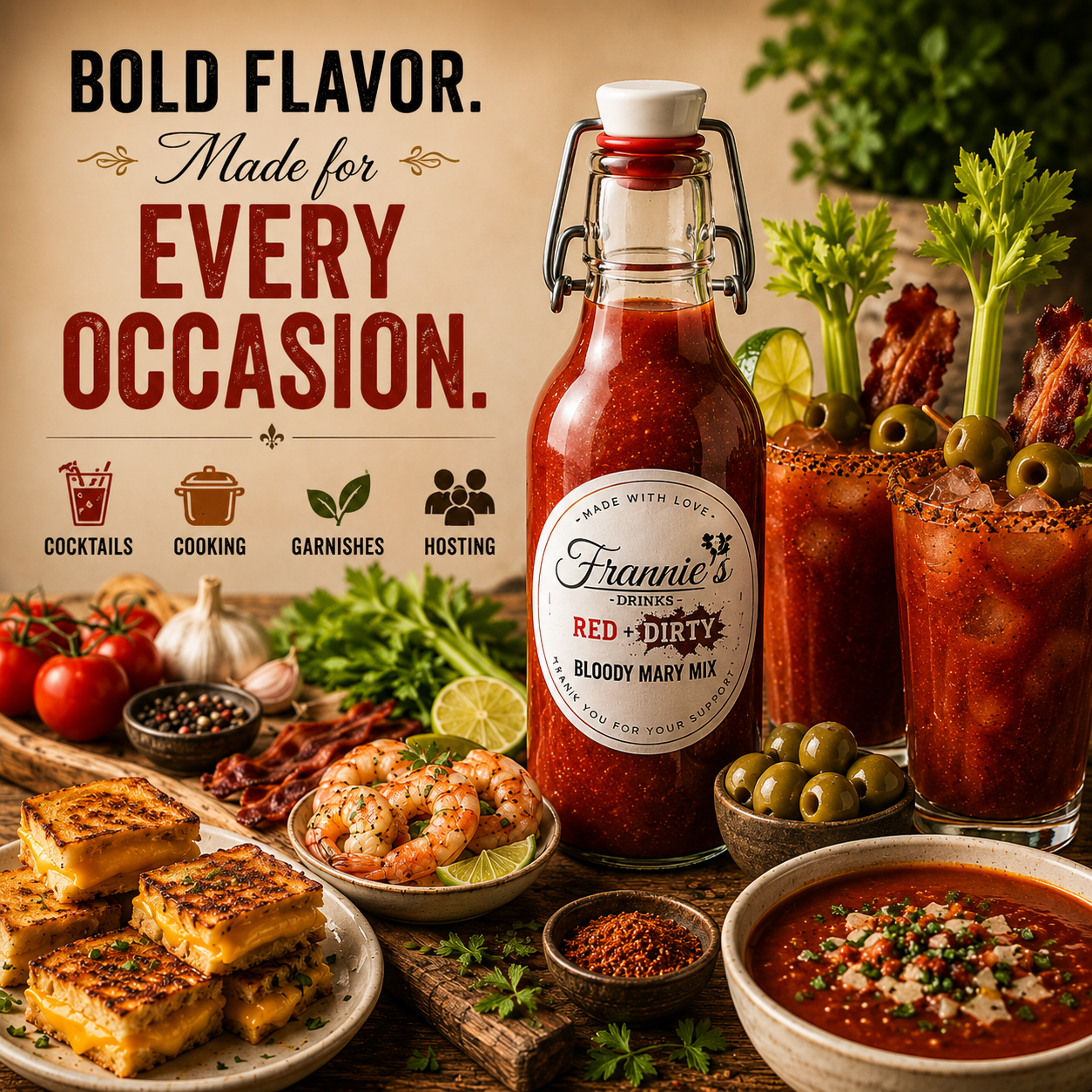 Frannie’s Drinks Red & Dirty Bloody Mary Mix with Bloody Mary cocktails and savory dishes.
