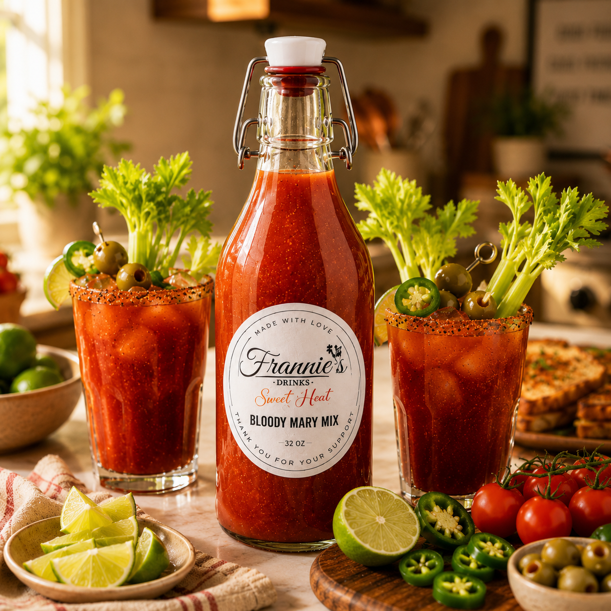 Frannie’s Drinks Bloody Mary Mix in a luxury kitchen with cocktails and fresh ingredients.