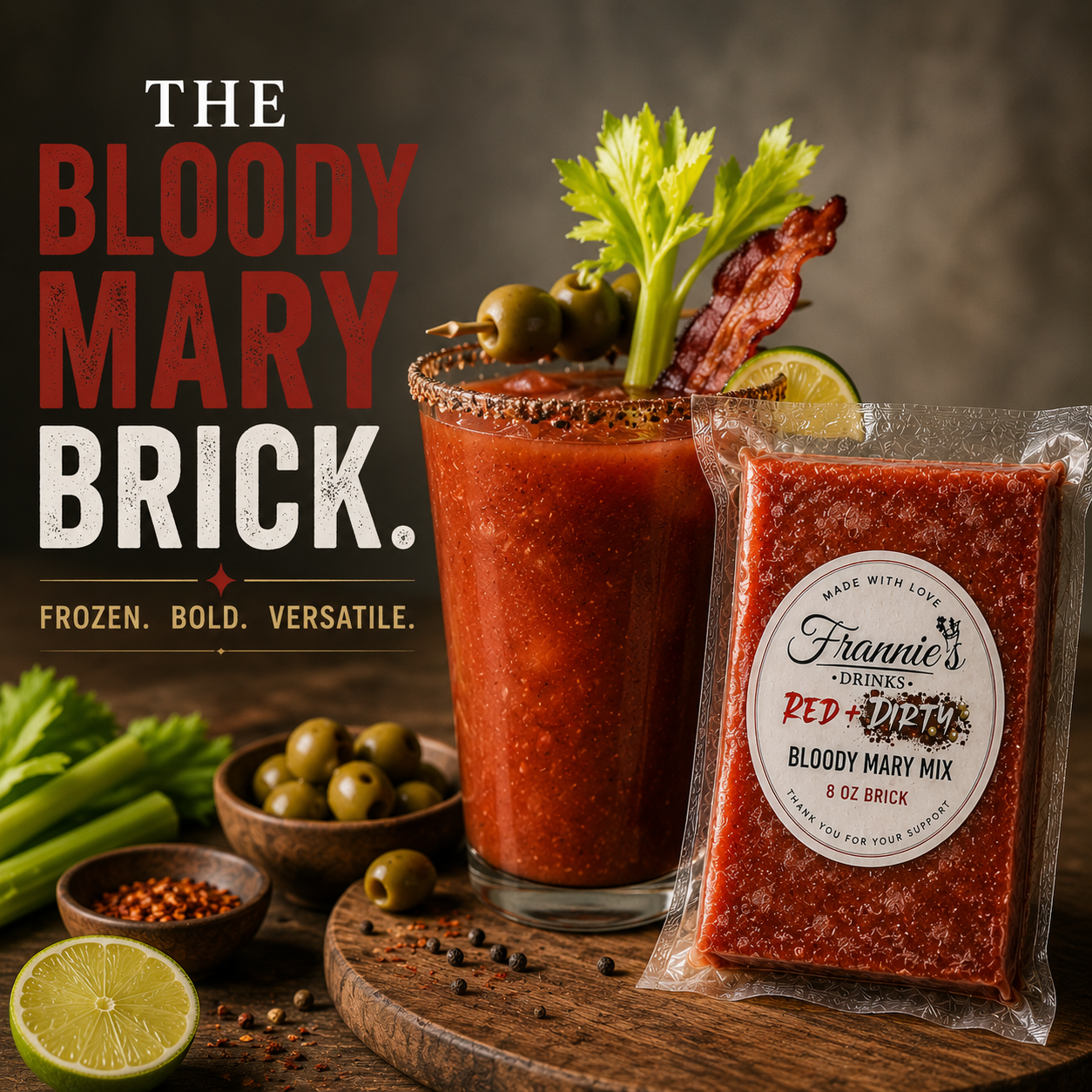 Frannie’s Drinks frozen Bloody Mary brick marketing graphic featuring bold brunch inspired visuals, handcrafted Bloody Mary cocktails, fresh garnishes, and premium small batch Bloody Mary mix products. Designed for brunch hosting, cocktails, cooking,
