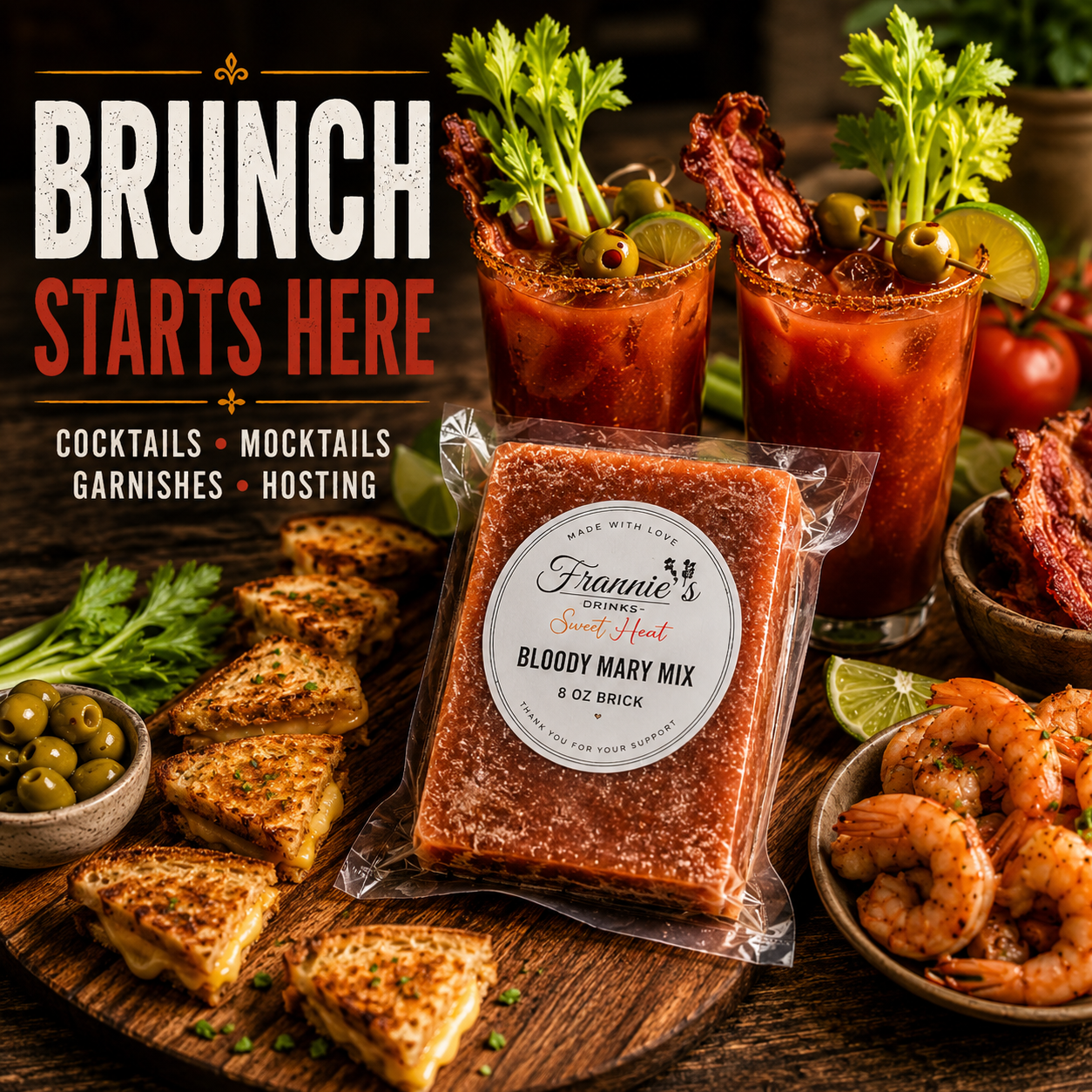 Frannie’s Drinks Sweet Heat frozen Bloody Mary brick with brunch cocktails, grilled cheese, shrimp, and garnishes.