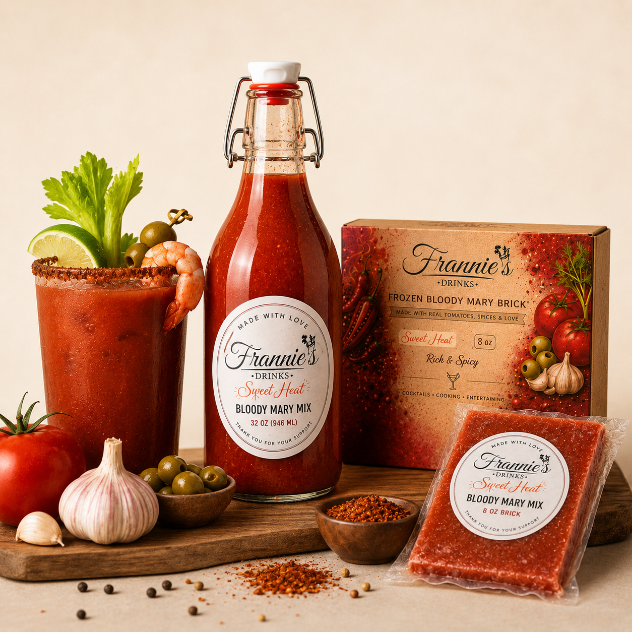 Frannie’s Drinks Sweet Heat Bloody Mary Mix bottle and frozen Bloody Mary brick styled on a warm rustic kitchen counter with fresh garlic, olives, celery, spices, and a handcrafted Bloody Mary cocktail. Small batch Kansas City Bloody Mary mix for coc