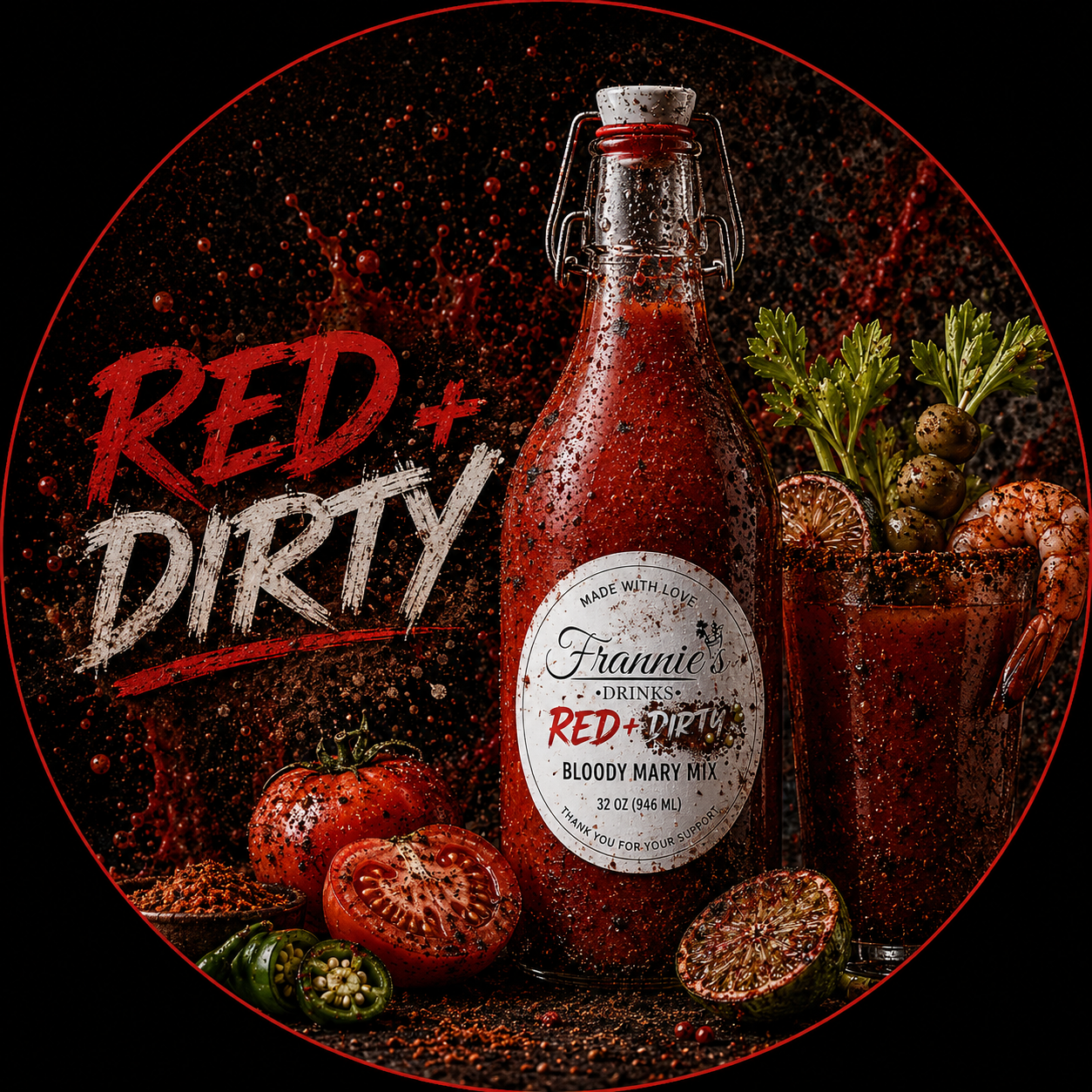 Frannie’s Drinks Red & Dirty Bloody Mary Mix with bold savory spices and fresh ingredients.