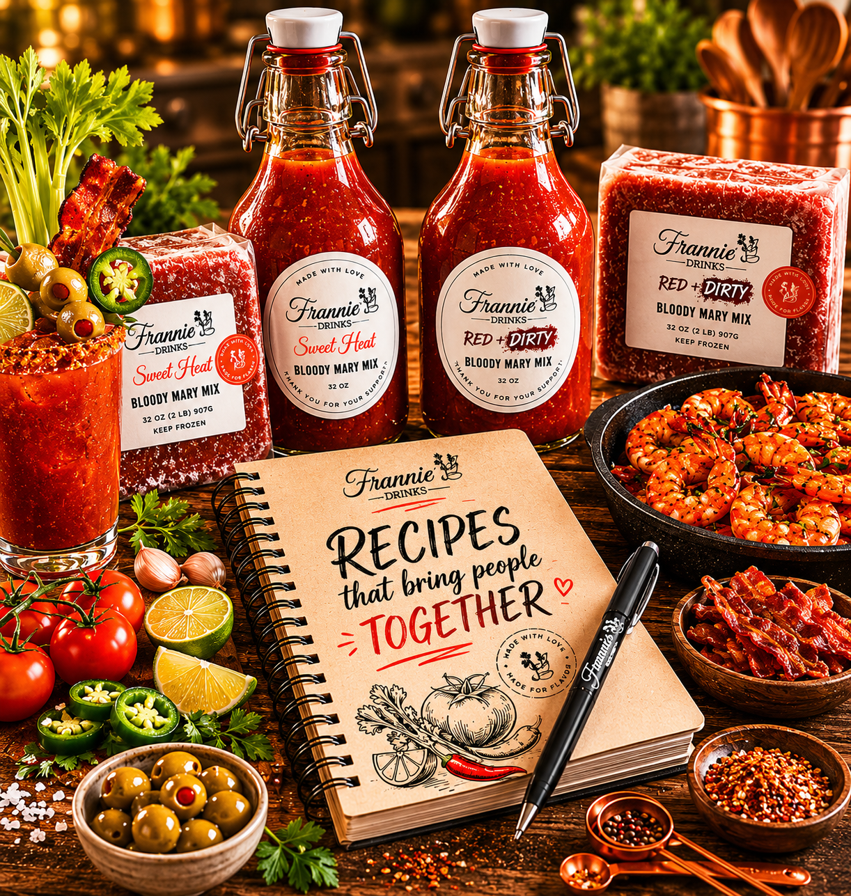 Frannie’s Drinks recipe collection with Bloody Mary mixes, frozen bricks, brunch foods, and entertaining ideas.