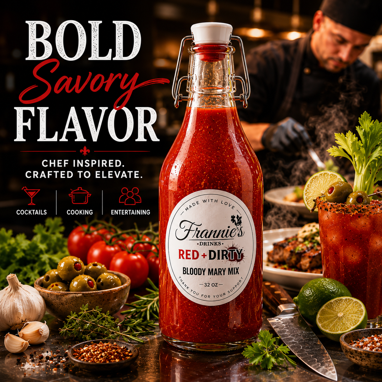 Frannie’s Drinks Red & Dirty Bloody Mary Mix with bold savory spices and fresh ingredients.