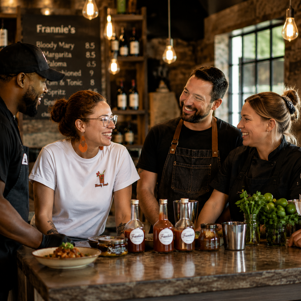 Francess Hawkins collaborating with chefs using Frannie’s Drinks Bloody Mary mixes and fresh ingredients.