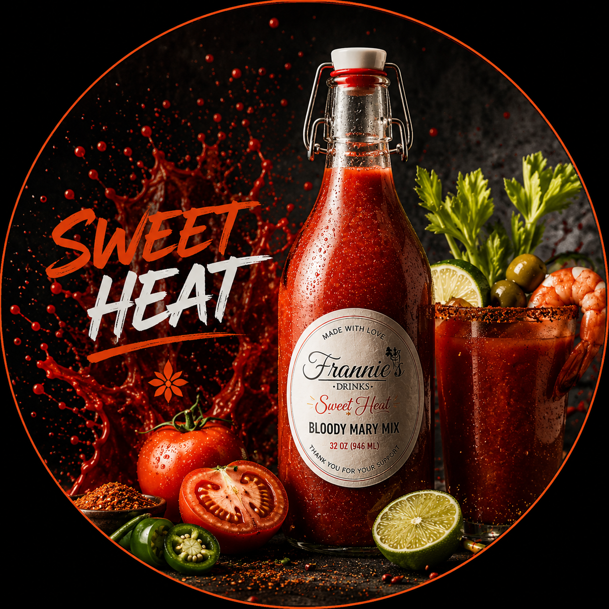 Frannie’s Drinks Sweet Heat Bloody Mary Mix with cocktail garnishes and fresh ingredients.