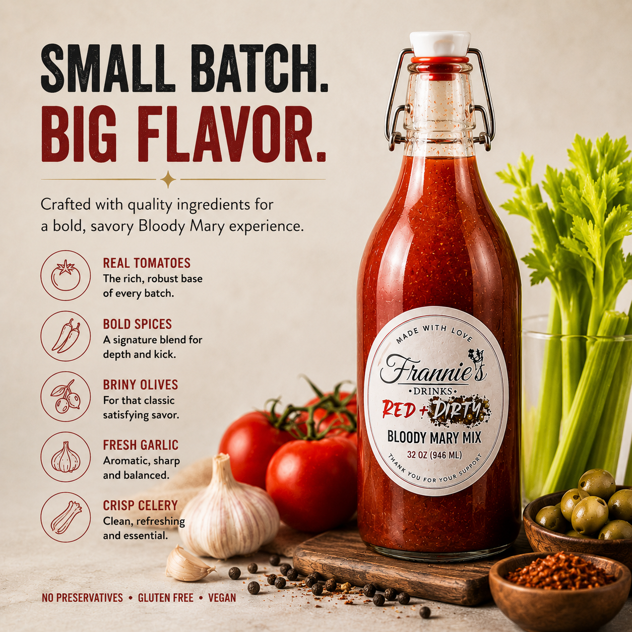 Frannie’s Drinks Red & Dirty Bloody Mary Mix featured in a bold culinary kitchen scene with savory ingredients, fresh herbs, garlic, olives, and Bloody Mary cocktails. Premium small batch Bloody Mary mix crafted for cocktails, cooking, brunch, and en