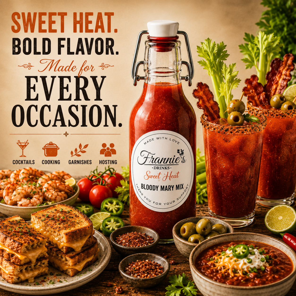 Frannie’s Drinks Sweet Heat Bloody Mary Mix with cocktails, cooking, and brunch foods.