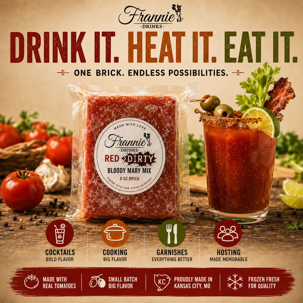 Frannie’s Drinks frozen Bloody Mary brick for cocktails, cooking, brunch, tailgates, and entertaining