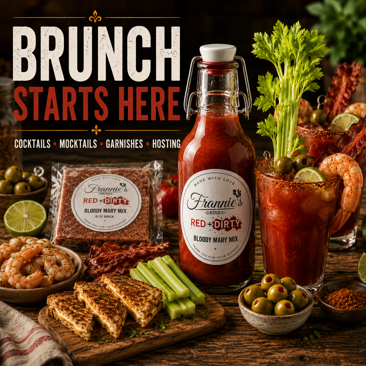 Frannie’s Drinks Bloody Mary Mix bottles with brunch cocktails and savory food pairings.