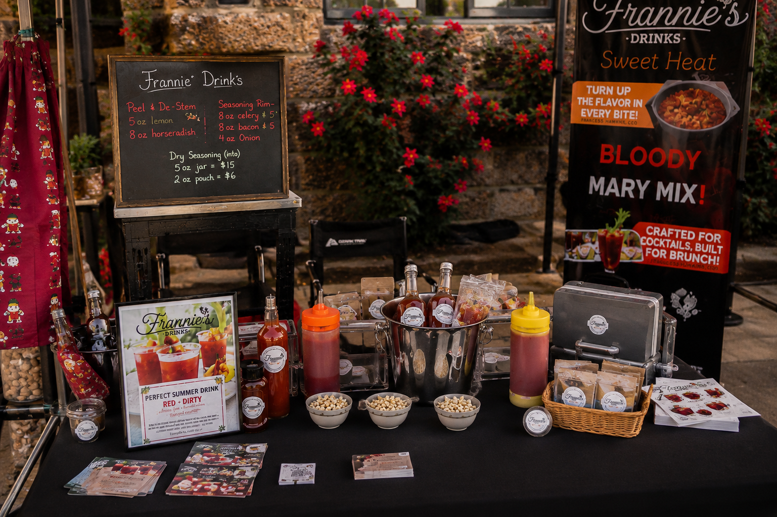 Frannie’s Drinks pop up display featuring Bloody Mary mixes, seasonings, and tasting samples.