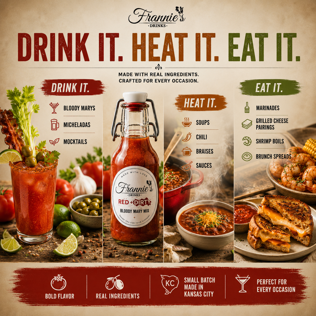 Frannie’s Drinks Bloody Mary Mix for cocktails, cooking, marinades, soups, and entertaining.