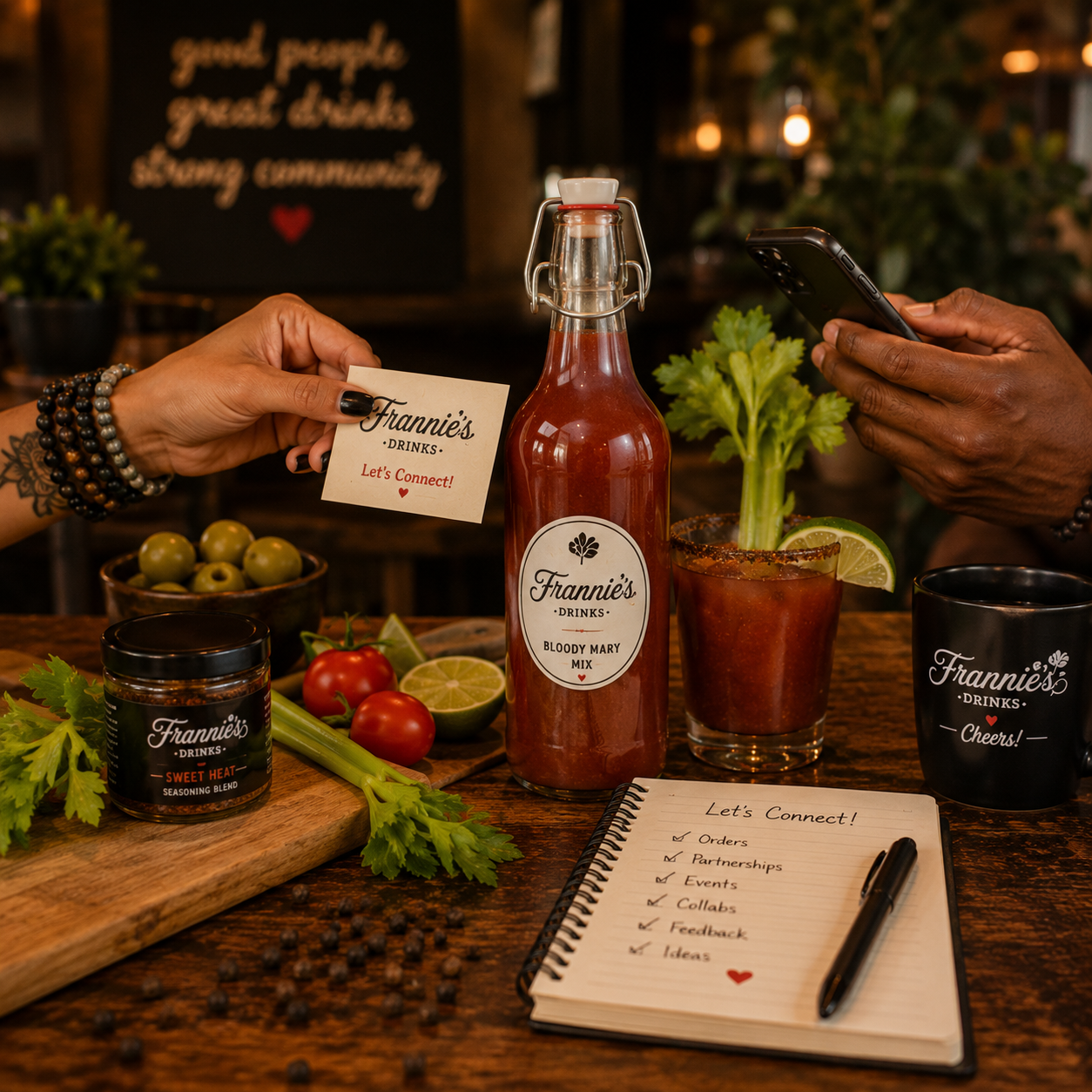 Warm rustic Frannie’s Drinks contact scene featuring Bloody Mary mix, seasoning blend, fresh ingredients, cocktail glass, and collaboration inspired branding.