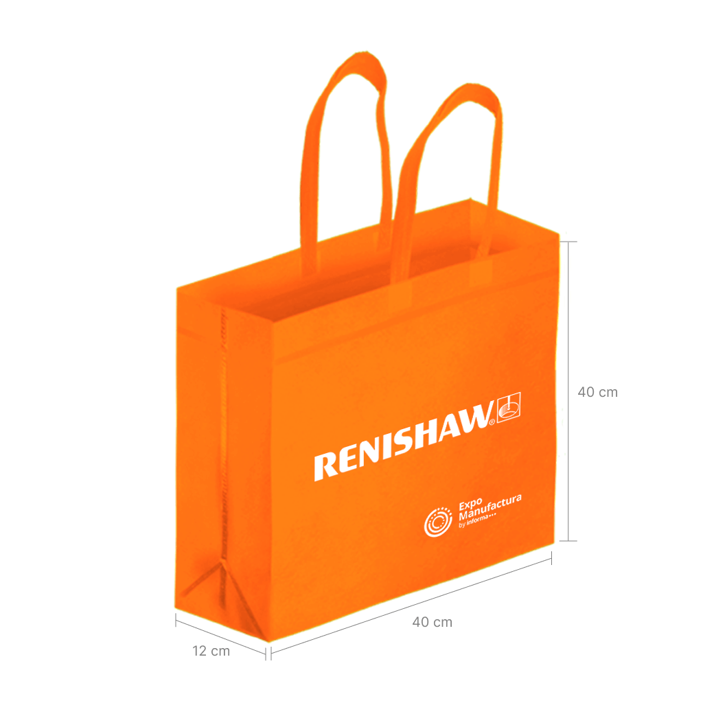 Una bolsa de compra verde con asas, dimensiones de 40 cm por 40 cm por 12 cm, vista en un fondo blanco.