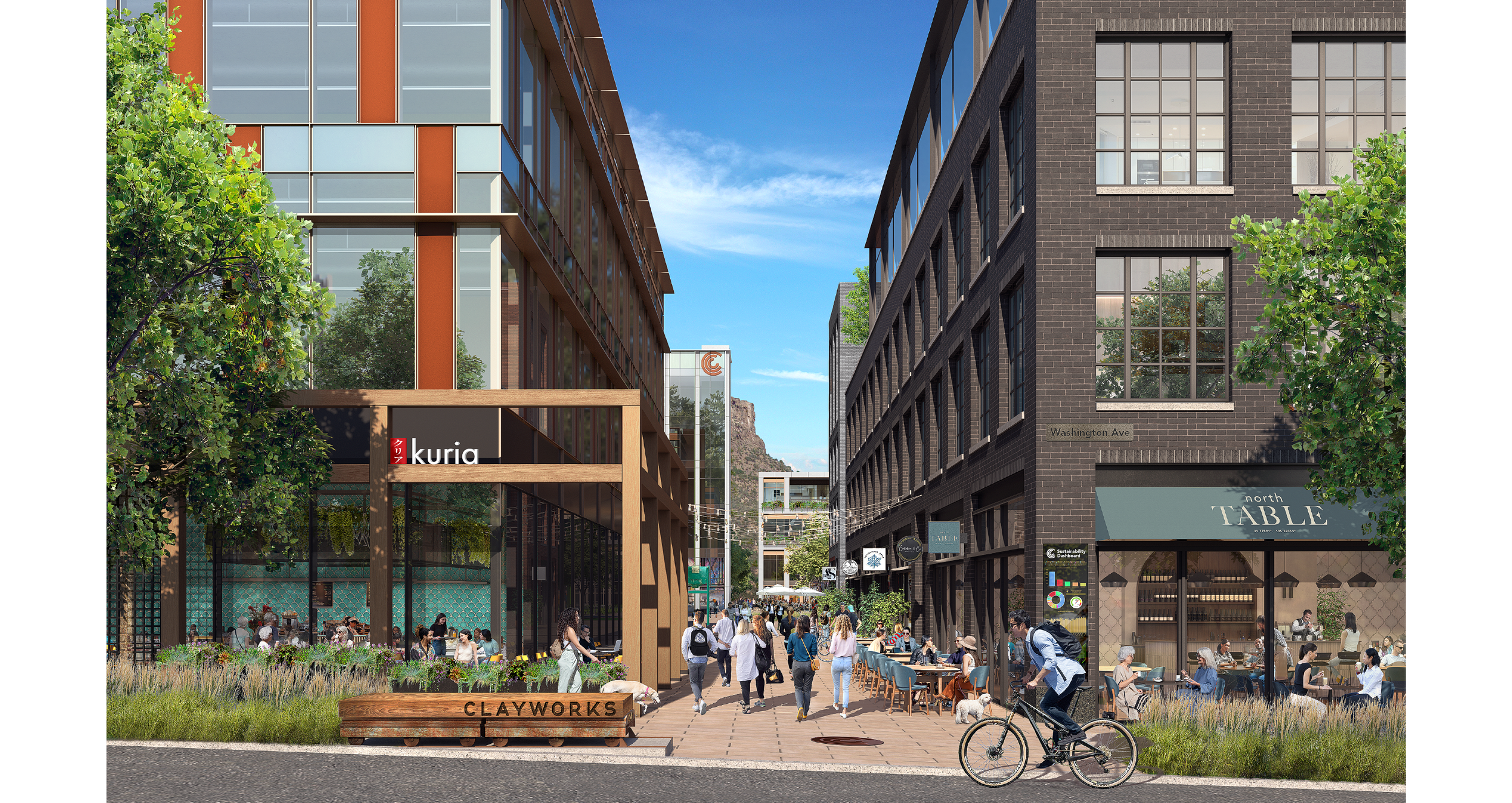 A vibrant urban street scene with pedestrians walking, sitting outside cafes, and a person riding a bicycle. Modern buildings line the street with storefronts labeled 'Kuria' and 'North Table.' Trees and greenery are present, and there's a clear blue sky overhead.