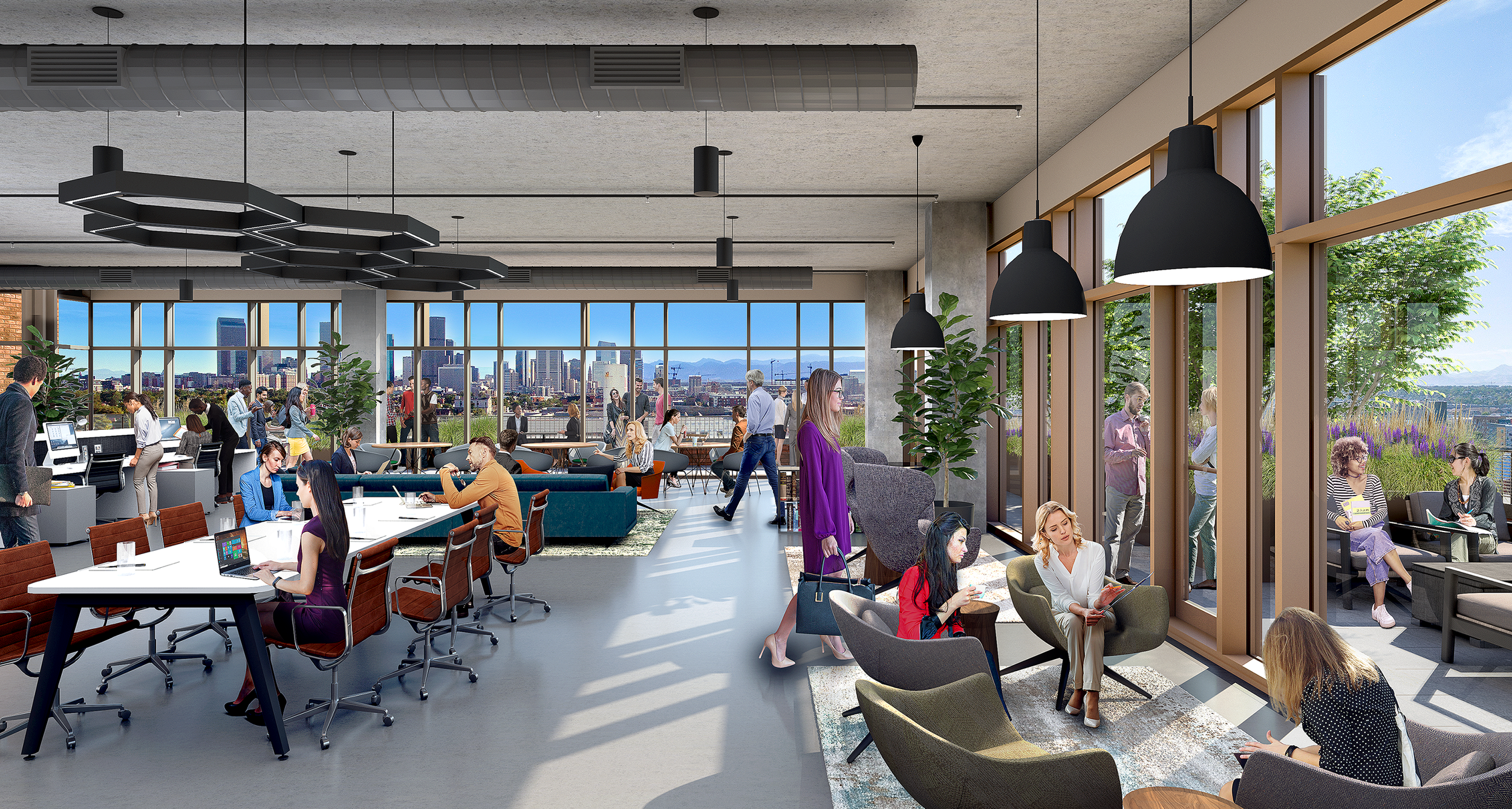 Modern office space with large windows, people working and socializing, and outdoor seating area visible through glass walls.