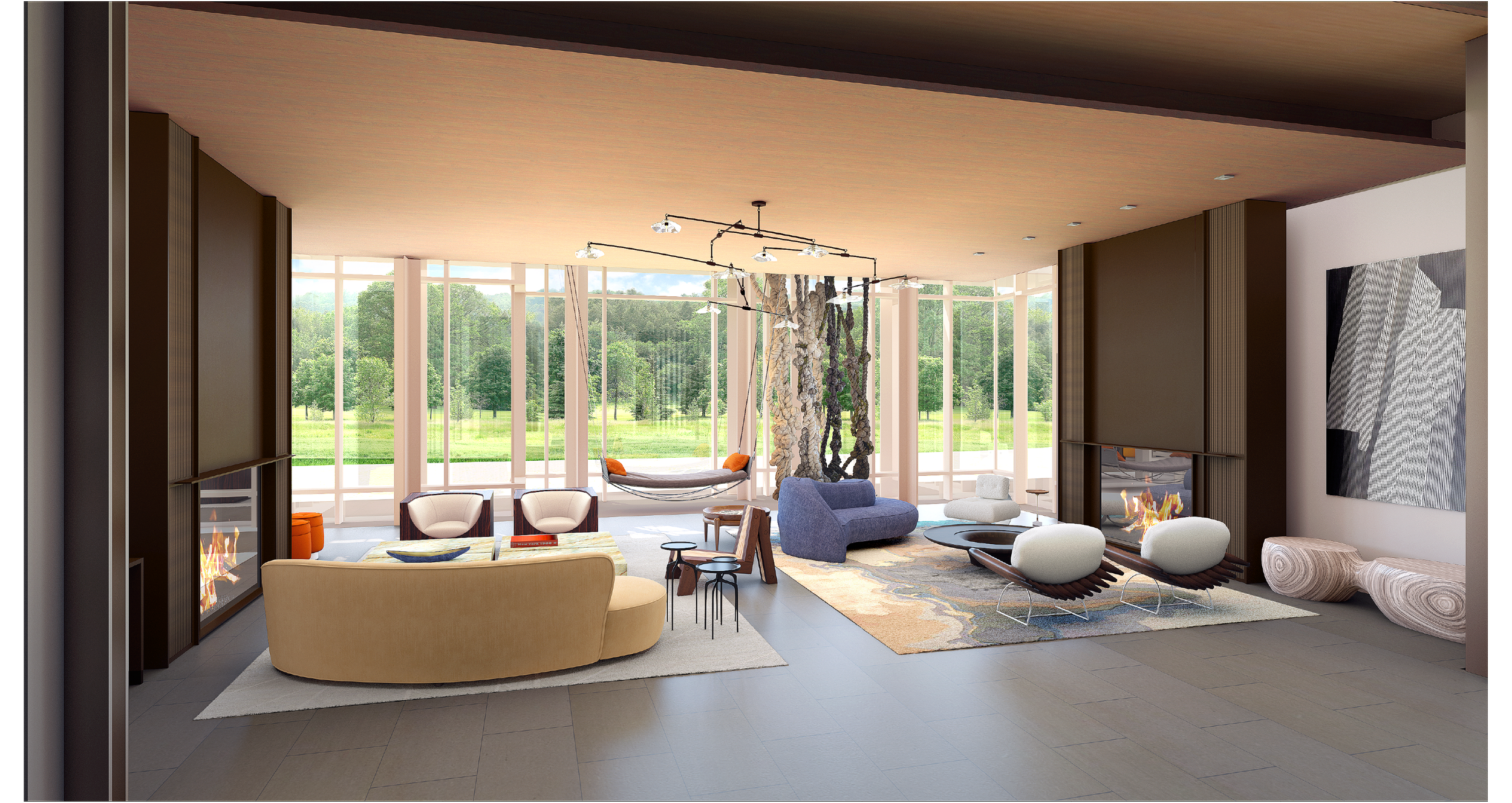 Modern living room with large windows, colorful furniture, a fireplace, and a view of greenery outside.