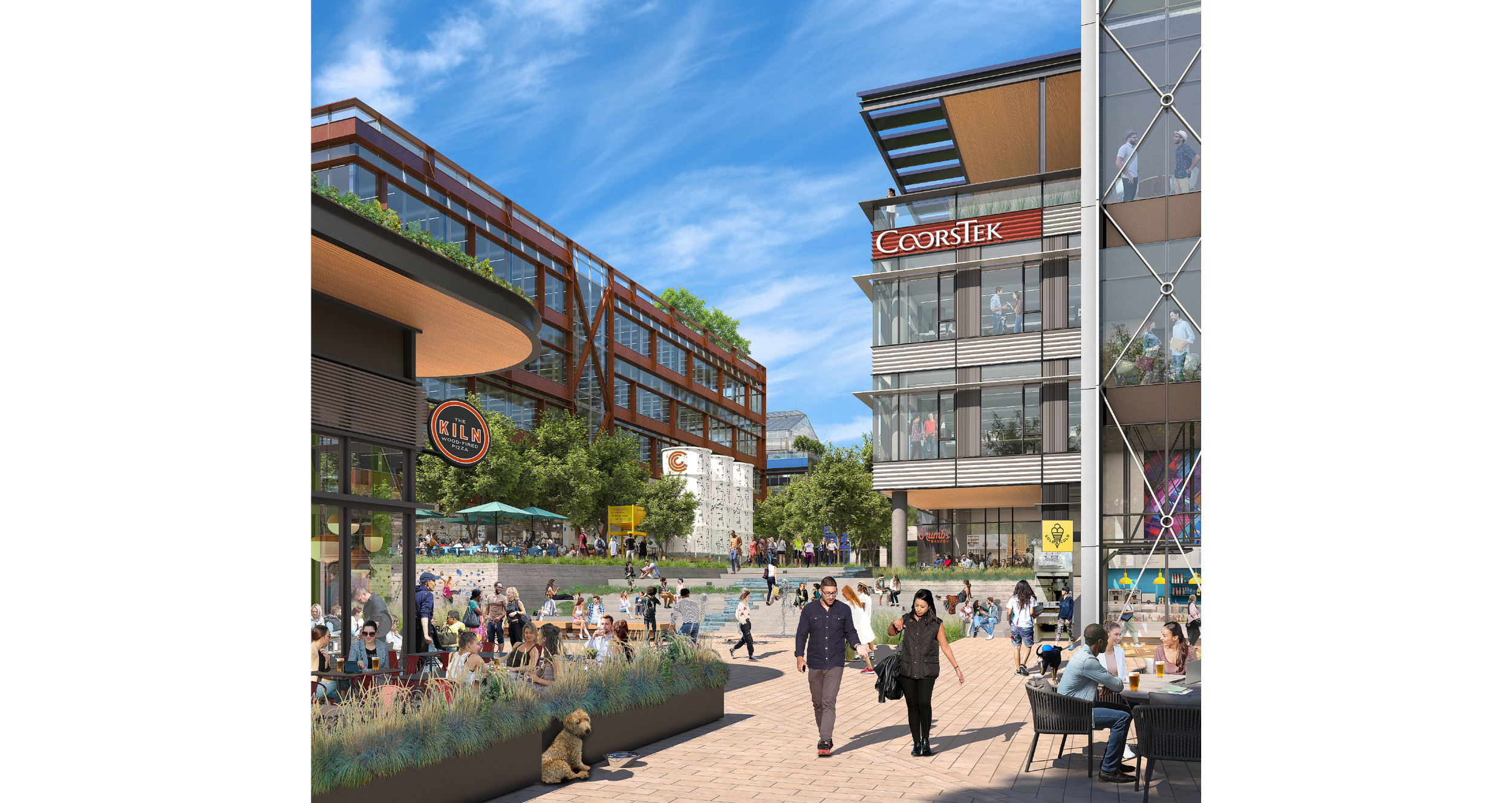 A vibrant urban outdoor shopping plaza with modern buildings, people walking, sitting at outdoor tables, and a variety of shops and restaurants under a blue sky.